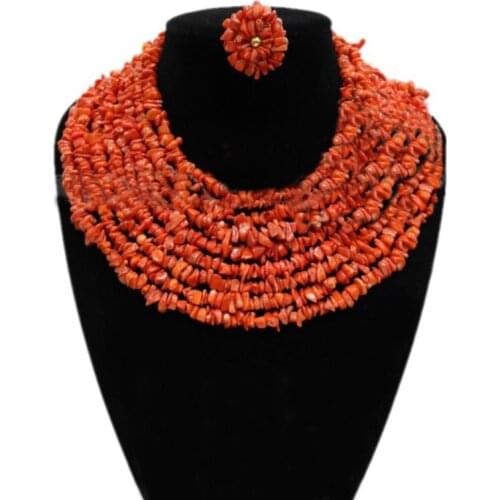 Dudo African Beads Orange Original Coral Beads Jewelry Set 8 Layers African Jewellery Set Free Shipping 2019 3Pieces Necklace