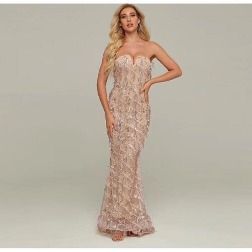 Elegant Strapless Fashion Sequined Tassel Gown Sexy Backless Beige Sleeveless Mermaid Celebrity Evening Party Long Dresses 2019