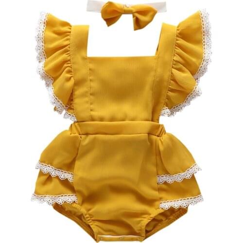 2pcs Summer Princess Outfits Set Exquisite Design Classic Texture Delicate Baby Girls Fly Sleeve Jumpsuit Headband 0-24M