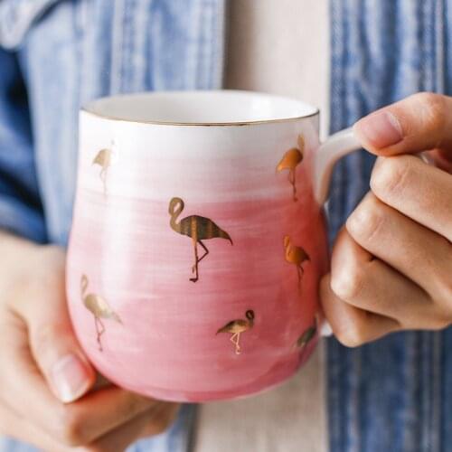 Creative Loving Flamingo Ceramic European Style Breakfast Milk Coffee House-hood Water Cups Office Mug cute coffee mugs and cups