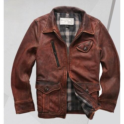 Spring and Autumn British Style Distressed Leather Clothes Mens Lapel Casual Top Layer Cowhide Leather Jacket