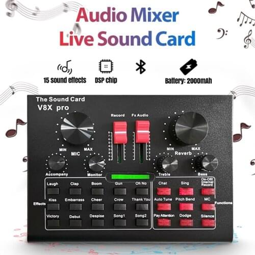 Hot V8X PRO Live Sound Card Audio Mixer Bluetooth 15 Multiple Modes Sound Effects for Computer Phones Singing and Recording