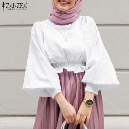 Muslim Blouses ZANZEA Womens Islamic Clothing Fashion High Waist Autumn Tops Puff Sleeve Blusas Turkey Hijab Tunic Oversized
