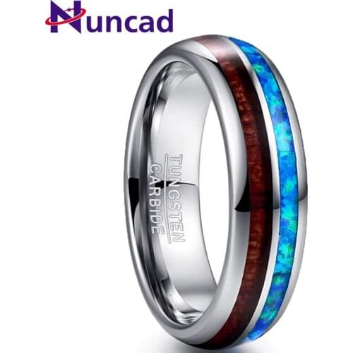 Nuncad New Arrival 6MM Wood Tungsten Carbide Men Ring Size 7-12 Polished Natual Opal Acacia Ring Engagement Jewelry Gift