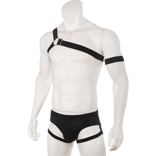 Mens Harness And Brief Set Male Sexy Chest Harness Bondage Belts Mens Ice Silk Comft Thin Briefs Hollow Out Underwear Panties