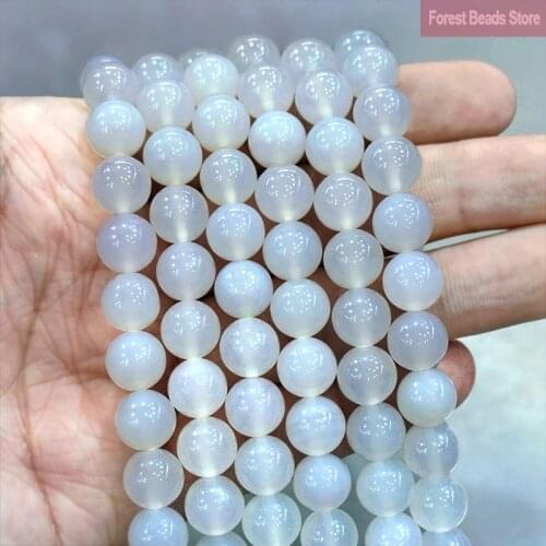 Natural Stone Smooth White Agates Loose Round Beads Diy Charms Bracelet Earrings for Jewelry Making 15" Strand 4/6/8/10/12/14MM