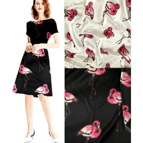 New black Flamingo view inkjet positioning printed silk fabric spandex 97% silk romantic night wedding/party dress crafts fabric