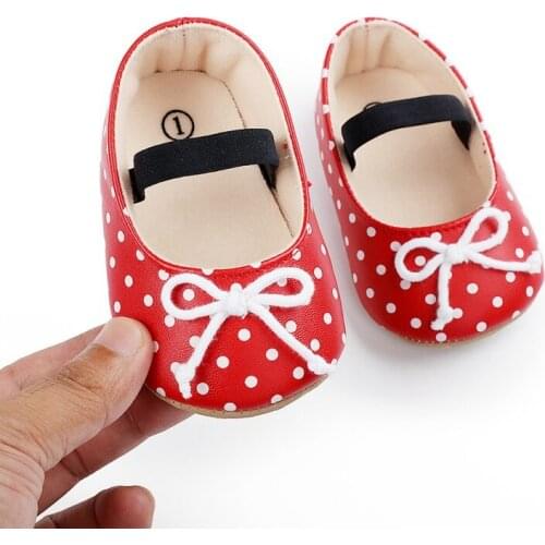 Lovely Baby Girls PU Bow Polka Dot Princess Shoes Crib Sole Sneaker First Walking Shoes 0-18M