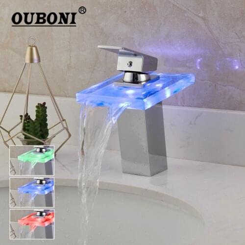 OUBONI LED Light Glass Wash Basin Faucet Single Lever Waterfall Faucet Solid Brass Bathroom Waterfall Glass Tap LED Color Change