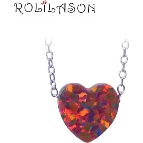 ROLLASON 925 sterling silver necklace pendant Wedding design Heart-shaped orange fire opal for women OPS738