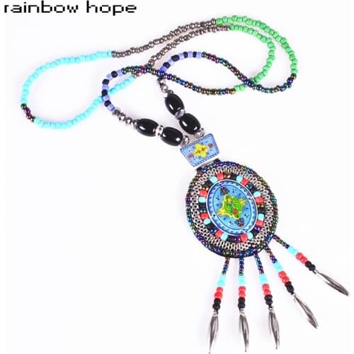 Handmade Colorful ceramic pendant necklace fashion jewelry & High-quality vintage beads tassel Pendant long ethnic necklaces