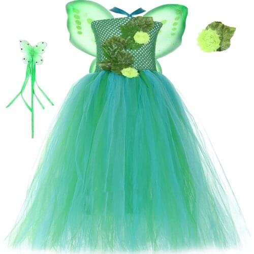 Green Garden Fairy Tutu Dress Flowers Leaves Fairies Jungle Theme Pageant Gown Kids Girls Birthday Party Dress Halloween Costume