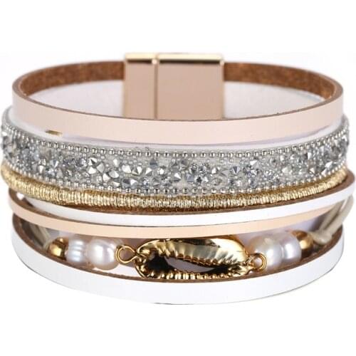 Conch Pearls Leather Bracelets for Women Fashion 2020 Bohemian Multilayer Wide Wrap Charms Bracelets & Bangles Jewelry