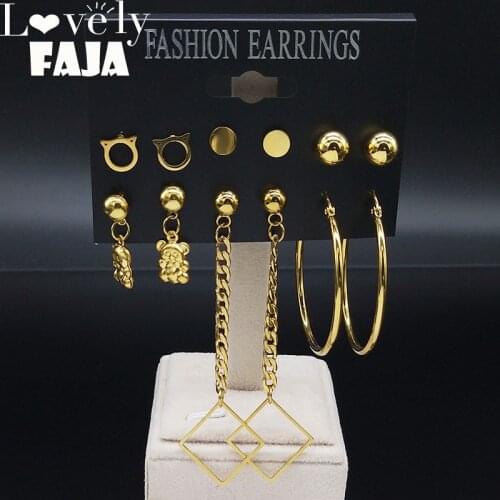 6 Pair 2021 Fashion Animal Stainless Steel Cut Earrings Set for Women Gold Color Earrings Jewelry pendientes mujer E61283S03