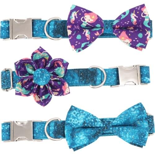 Mermaid girl Dog Collar with flower pet Accessories with personalized pet name with telphone no