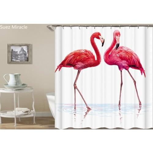 Watercolor two flamingos home decor waterproof Bathroom white Shower curtain