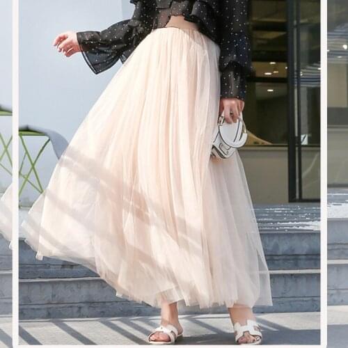 Long Adult Tulle Skirt Women Elastic High Waist Pleated Skirts Midi Tutu Skirt Female Elegant Bohemian Party Wedding Maxi Skirt