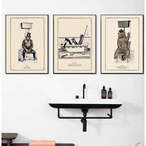 Funny Bathroom Toilet Decoration Canvas Painting Animal Bathtub Poster Bear Octopus Penguin Chimp Retro Wall Picture Art Decor