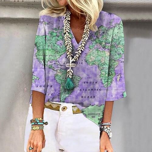 World Map Print Blouse Button Three Quarter Sleeve V Neck Women Shirts Casual Loose Cotton Linen Top Femme Camisas De Mujer 40