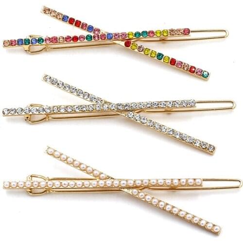 1PCS Colorful Luxury Crystal Rhinestones X Shape Hair Pins Imitation Pearl Clips Bobby Pins For Women Barrettes Hair Accessoris