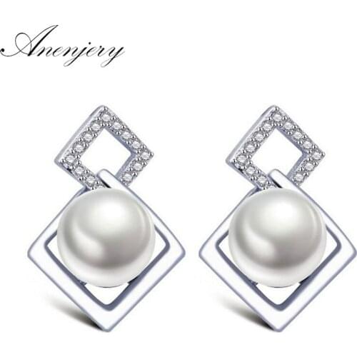 ANENJERY 925 Sterling Silver Cubic Zircon Pearl Square Earrings For Women Wedding Jewelry brincos S-E260