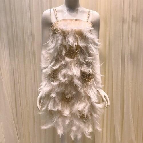 Women Dresses Spring Autumn Summer Winter Sequin Beading Feathers Sexy Spaghetti Strap Diamonds Party Club Robes Vestidos Korean