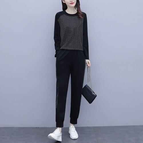 Large size women sweatshirt set 2021 spring casual loose loose diamond O neck pullover top and pants fashion sports suit big 4XL