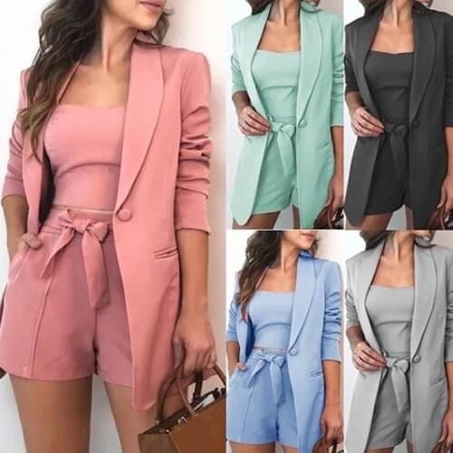Three Piece Female Suit New Solid Color Long Sleeved Office Jacket Sling Top Women Shorts Suit