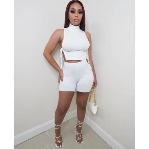 Womens Casual Turtleneck Solid Tracksuit Women Sexy Sleeveless Side Slit Bandage Crop Top + Biker Shorts Slim Two Piece Set