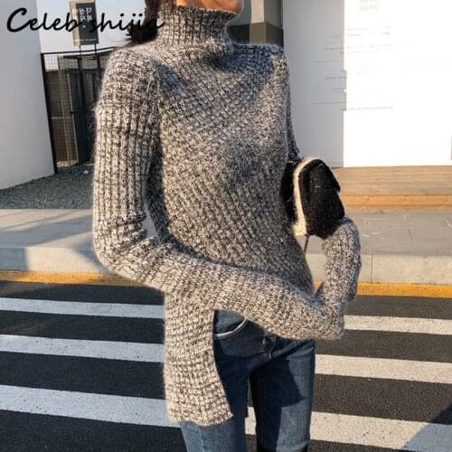 SHIJIA Gray Split Sweater Woman Turtleneck Autumn Winter 2021 Korean Fashion Knit Tops Irregular Warm Sweater Jumper Female