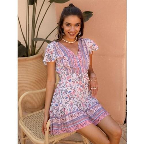 2021 Ladies Bohemian Dress Gypsy Cotton Casual V Neck Printed Ruffle Summer Dress Women Sexy Short Mini Beach Dress Cover Up