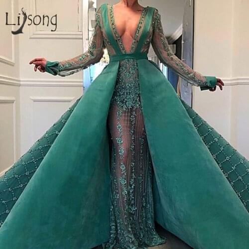 Abiye Emerald Green Flower Lace Mermaid Evening Dresses With Detachable Train 2019 Beaded Sexy Long Prom Gowns Full Sleeves