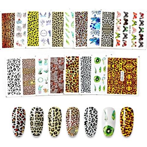 18pcs simple leopard print theme water nail sticker sticker butterfly leaf DIY slider manicure nail art watermark