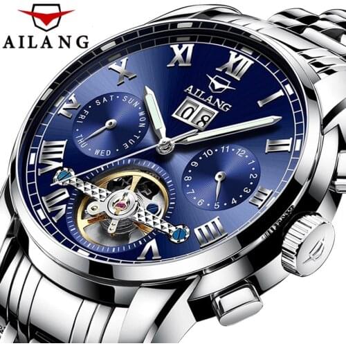AILANG Men Business Tourbillon Multifunctional Automatic Mechanical Calendar 24 Hour Indicator Stainless Steel Strap Watch 8505