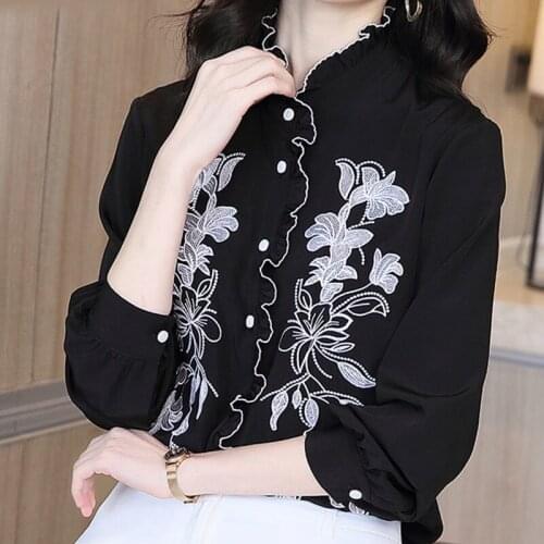 Women Spring Autumn Style Blouses Tops Lady Casual Long Sleeve Stand Collar Embroidery Blusas Tops DD9156