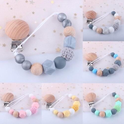 Wooden Nipple Holder Clip Chain Wood Beads Love Heart Baby Girl Boy Teether Soother Pacifier Clips Leash Strap