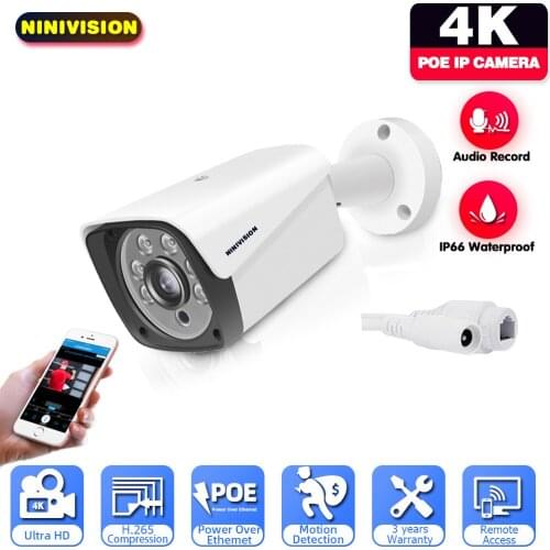 H.265 Ultra HD 4K 8MP POE IP Camera 3840X2160 AI Audio Record Motion Detection Outdoor CCTV Video Security Surveillance Camera