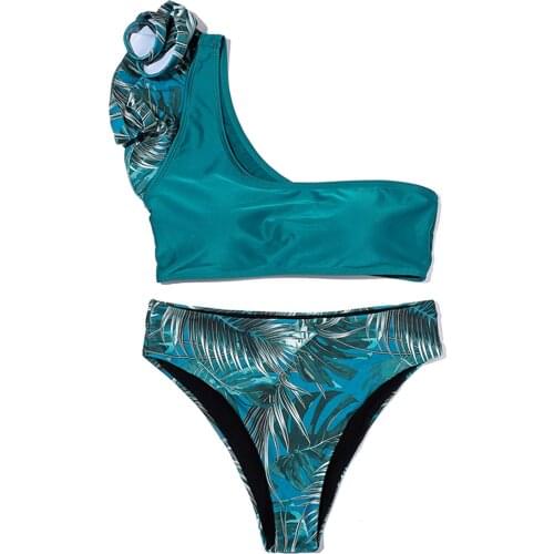 2pc Summer Swimsuits Leaf Female Pattern Lrregular One-Shoulder Strap Hollow Cross Thong Bathing Swimwear Beachwear Set