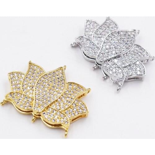 Cubic Zircon Micro Flower clasp 28x37mm golden plated 3 strands