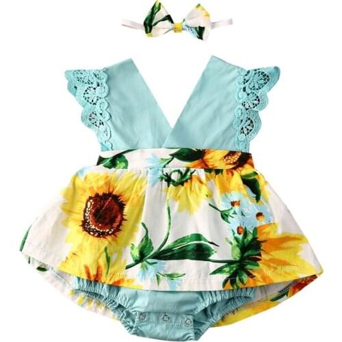 Newborn Fashion Toddler Baby Girl Clothes Lace Floral Romper Jumpsuit Infant Summer Sleeveless Cotton Ruffle Outfit 2Pcs