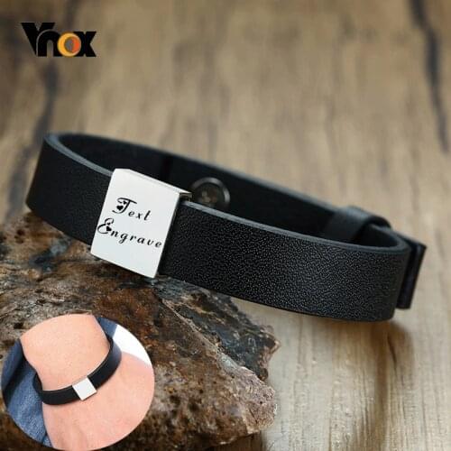 Vnox Men Stylish Black Leather Bracelets with Custom Personalize Engrave Stainless Steel ID Charm Male Gifts Jewelry