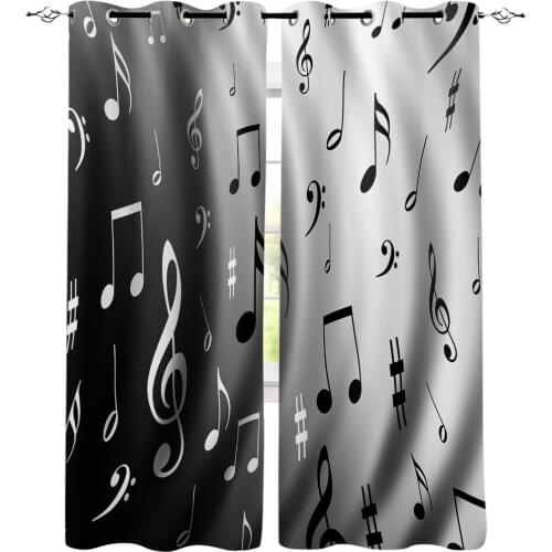 Water Wave Music Black White Musical Notes Room Curtains Large Window Living Room Curtains Outdoor Fabric Decor Kids Window