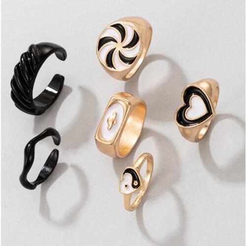Boho Enamel Adjustable Open Rings Set for Women Heart Flower Geometric Statement Knuckle Finger Rings Party Jewelry Wholesale