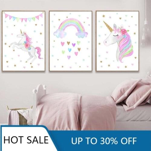 Rainbow Unicorn Wall Art Prints Baby Nursery Poster Cute Canvas Christmas Decoration Picture Children Kids Bedroom Decor