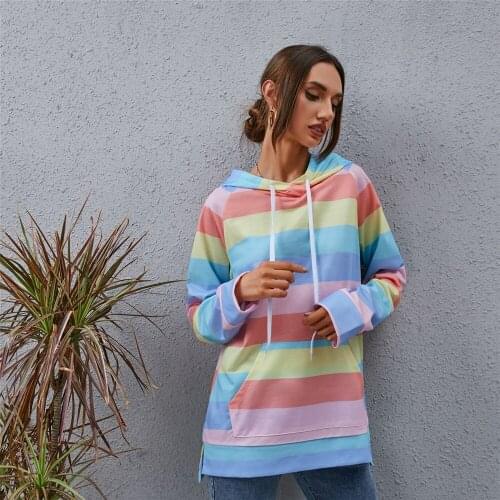 New Women Oversized Sweatshirt Rainbow Printed Hoodies Loose Streetwear Female Tops Clothes Fall Winter Pullover With Drawstring