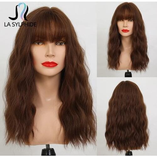 La Sylphide Wig Medium Long Afro Curly Brown Light Orange Synthetic Wigs with Bangs for Woman Cosplay Party Heat Resistant