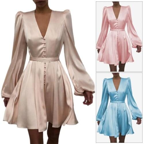Women Dress V-Neck Mid Waist Polyester Fiber Women Puff Sleeve Dress for Wedding Pink S—XL Fashion 2021 Elegant женское платье