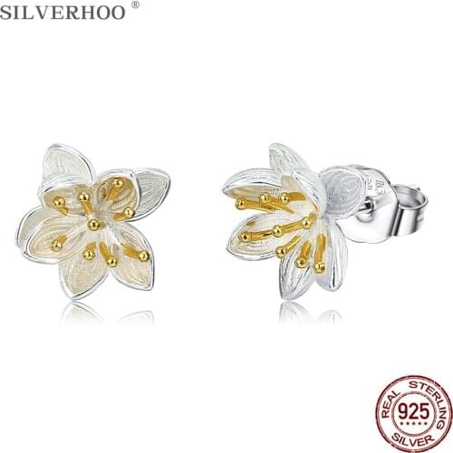 SILVERHOO Lily Flower Fine Jewelry S925 Sterling Silver Stud Earrings Exquisite Female Earring For Women Hot Selling Selection