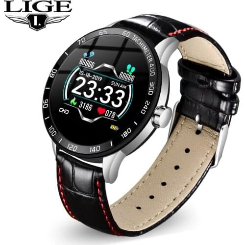 LIGE New Smart Watch Men Information Reminder Blood Pressure Heart Rate Monitoring Sports Waterproof Smarwatch Leather Strap