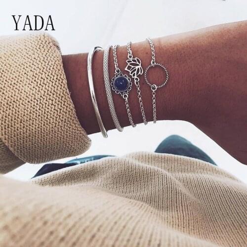YADA INS 5 PCS/SET Silver color Lotus Flowe Bracelets&Bangles For Women Tassel Bracelets Charm Crystal Jewelry Bracelet BT200005